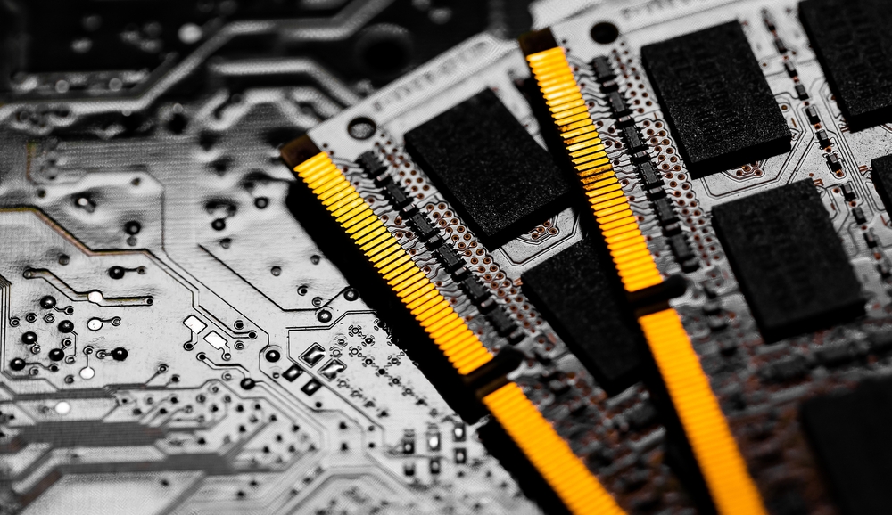 computer RAM placed on a motherboard background
