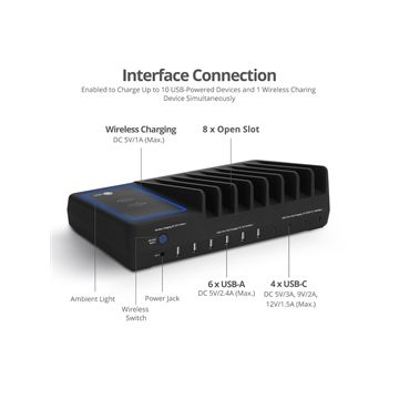 AC-PW1R11-S1 - SIIG AC 10-port USB-A C & Wireless Charging Station 150W